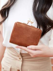 MIYIN Women's Cute Faux Pearl Kisslock PU Trifold Wallet With Credit Card Slots And ID Window, Holds Credit Cards/ID/Cash/Coins, Lightweight And Portable, Suitable For Women, Girls, Teens, Students, Great Gift For Her, Wallet, Clutch, Small Purse - Brown - View 7