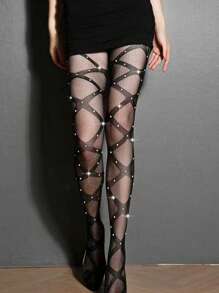 1 pezzo Autoreggente sexy in rete da donna, collant in rete ad alta elasticità con disegno a strisce e strass, adatto per feste e uso all aperto