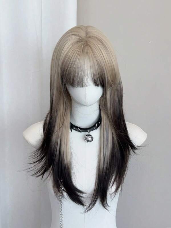Peluca sintética de mujer larga y recta, de color rubio claro degradado a negro marrón, esponjosa y resistente al calor, para uso diario, fiestas, Lolita y cosplay