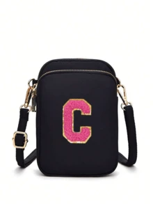 2 Peças Bolsa Transversal Fashion Casual Mini para Caminhada com Bolsa de Tecido para Celular, Porta-moedas Vertical para Mulheres e Meninas, Presentes para Volta às Aulas, Outono e Inverno, Dia dos Namorados (Adesivos de Letra DIY) - Preto - Visão 21