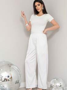 KALINA FASHION Women's Casual Wide Leg Loose Trousers With Rhinestone Embellishments - White - View 4