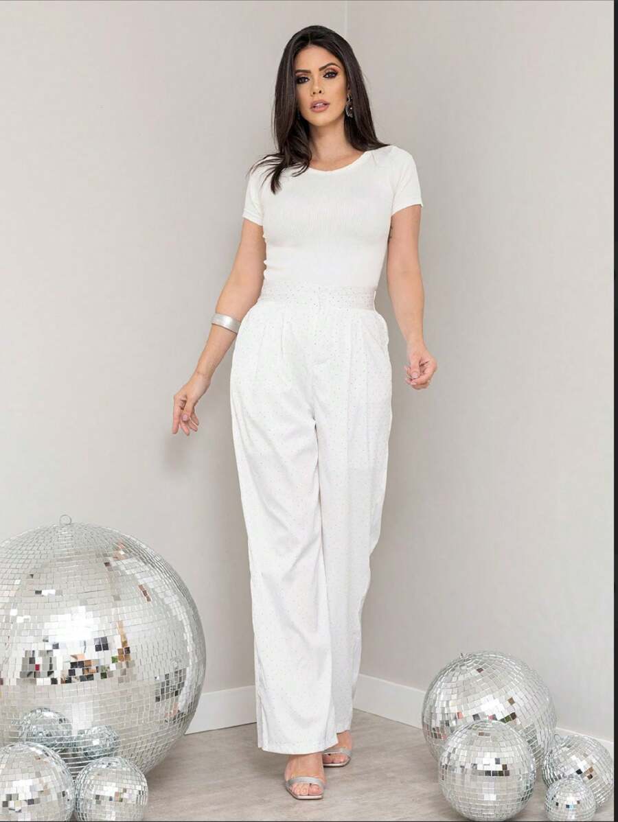 KALINA FASHION Women's Casual Wide Leg Loose Trousers With Rhinestone Embellishments - White - View 1