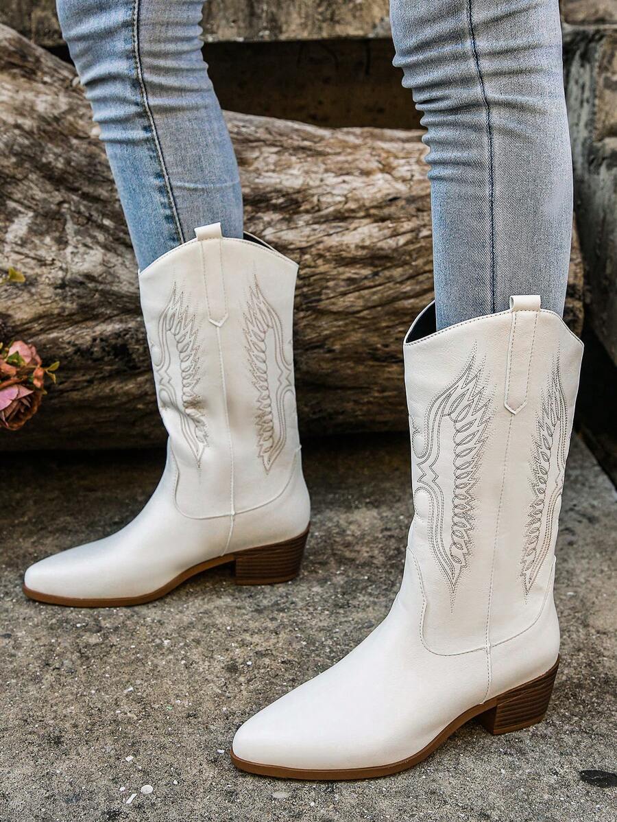 Nuevas botas vaqueras occidentales de moda para mujer, de puntera puntiaguda, bordadas, de tacón grueso, hasta la pantorrilla, botas de montar de talla grande para mujeres - Blanco - Ver 1