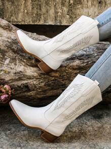 Nuevas botas vaqueras occidentales de moda para mujer, de puntera puntiaguda, bordadas, de tacón grueso, hasta la pantorrilla, botas de montar de talla grande para mujeres - Blanco - Ver 2