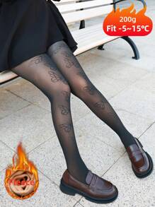 1 件女士印花保暖内衬加厚打底裤，秋冬季保暖紧身裤 - 黑色 - 查看 7
