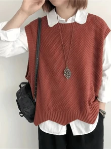Solid Round Neck Sleeveless Vest, Spring And Autumn Casual Sleeveless Vest, Women's Clothing - 橘色 - 查看 1