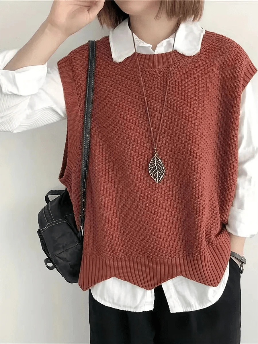 Solid Round Neck Sleeveless Vest, Spring And Autumn Casual Sleeveless Vest, Women's Clothing - 橘色 - 查看 1