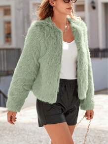 Women's Winter Coat Wool Short Jacket Faux Fur Long Sleeve Pocket Plush Warm Coat Autumn - Đậu xanh - Xem 4