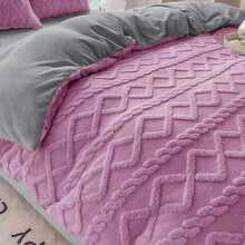 Conjunto de cama de inverno de 4 peças, capa de edredom grossa de lã coral e lençóis com padrão geométrico, para quarto