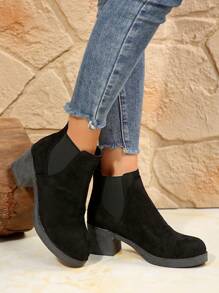 Fall/Winter 2025 Chunky Heel Women Short Boots, Fashion Versatile Elegant Solid Color Chelsea Boots, Round Toe Comfortable Casual High Heel Shoes, Short Plush Warm Ankle Boots - Black - View 6