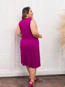 Plus Size Knee Length Tank Top Dress - 玫瑰紅 - 查看 3