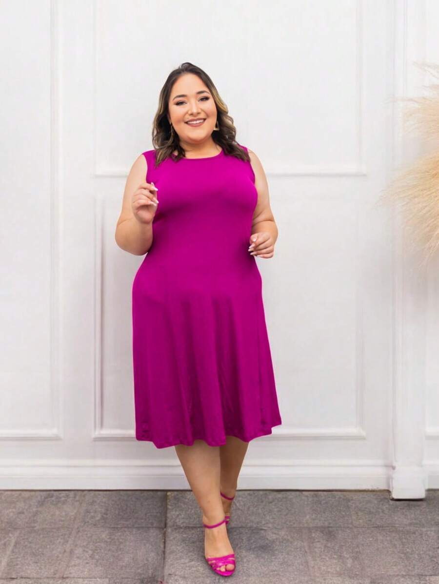 Plus Size Knee Length Tank Top Dress - 玫瑰紅 - 查看 1