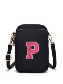 2 Peças Bolsa Transversal Fashion Casual Mini para Caminhada com Bolsa de Tecido para Celular, Porta-moedas Vertical para Mulheres e Meninas, Presentes para Volta às Aulas, Outono e Inverno, Dia dos Namorados (Adesivos de Letra DIY) - Preto - Visão 26