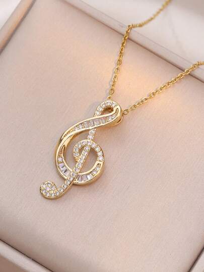时尚音符锆石吊坠项链 适合女士女孩 不锈钢链 派对配饰 珠宝礼物