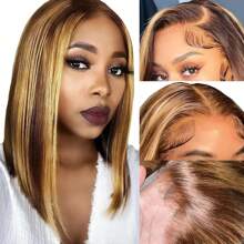 4/27 亮点 13x4 蕾丝前部真人发假发直发短波波头假发巴西处女预拔婴儿头发女士 150 密度 - 間色和鋼琴色 - 查看 11