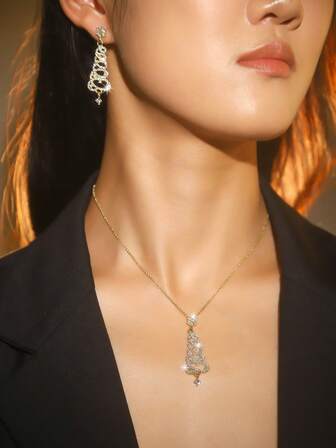1set Rhinestone Studded Christmas Tree Necklace & Earrings Jewelry Set For Women, Party & Holiday