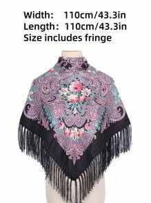 Women's Oversized Printed Traditional Scarf, Multicolor Rose Blossom With Tassels For Various Use Boho - Multicolor - View 15