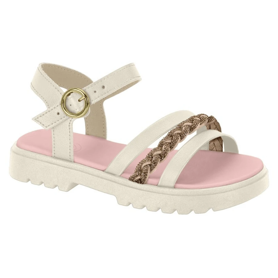 Molekinha Children's Sandal Tractor Rhinestone Braided Comfort - 白色/金色 - 查看 1