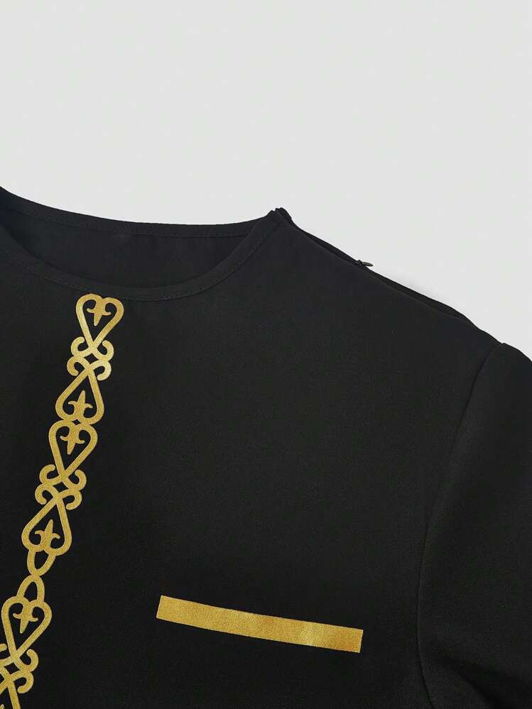 Men's Black Dashiki 2 Pieces Set, Long Sleeve Crew Neck Shirt With Gold Print, Slit Hem, Elastic Waist Pants, Casual Outfit, All Season, Streetwear, Party, Wedding - Black - View 7