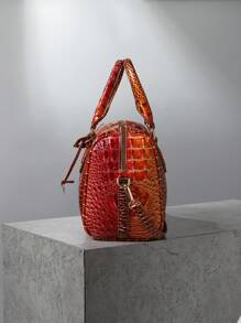 Luxury Crocodile Pattern Handbag, Retro Genuine Purse, Women's Classic Boston Bag & Shoulder Bag - 3#橘子+紅 - 查看 4