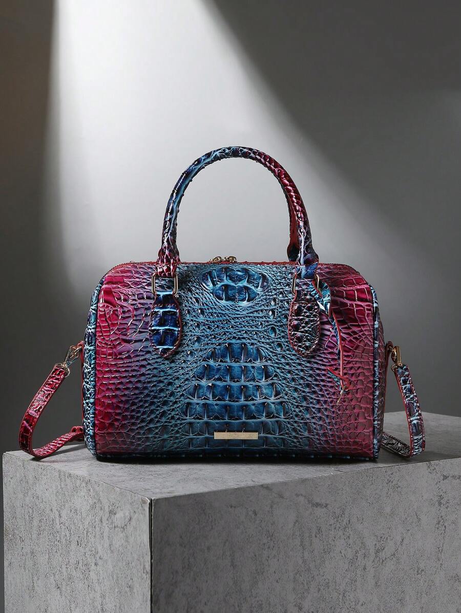 Luxury Crocodile Pattern Handbag, Retro Genuine Purse, Women's Classic Boston Bag & Shoulder Bag - 9#xanh+tím - Xem 1