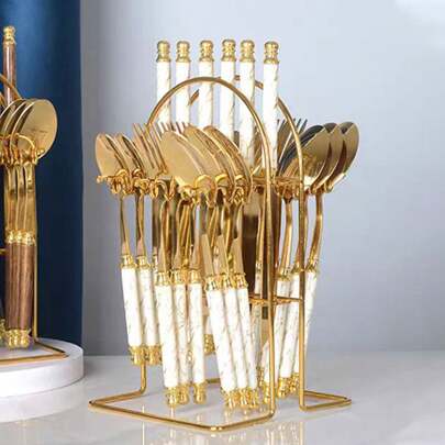 4-24pcs Marble Pattern Handle Knife Fork Spoon Cutlery Set, Ins Style Western Steak Knife Fork Spoon Dessert Spoon