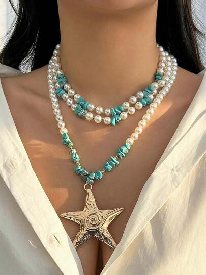 新款欧美时尚夸张海星吊坠项链，珍珠多层项链