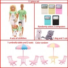 11 件/套适合 11.5 英寸娃娃和 30 厘米男孩娃娃的家庭配套服装，包括适合日常角色扮演玩具和娃娃屋配件的连体连衣裙（雨伞和桌布颜色随机，不包括娃娃） - 彩色 - 查看 3