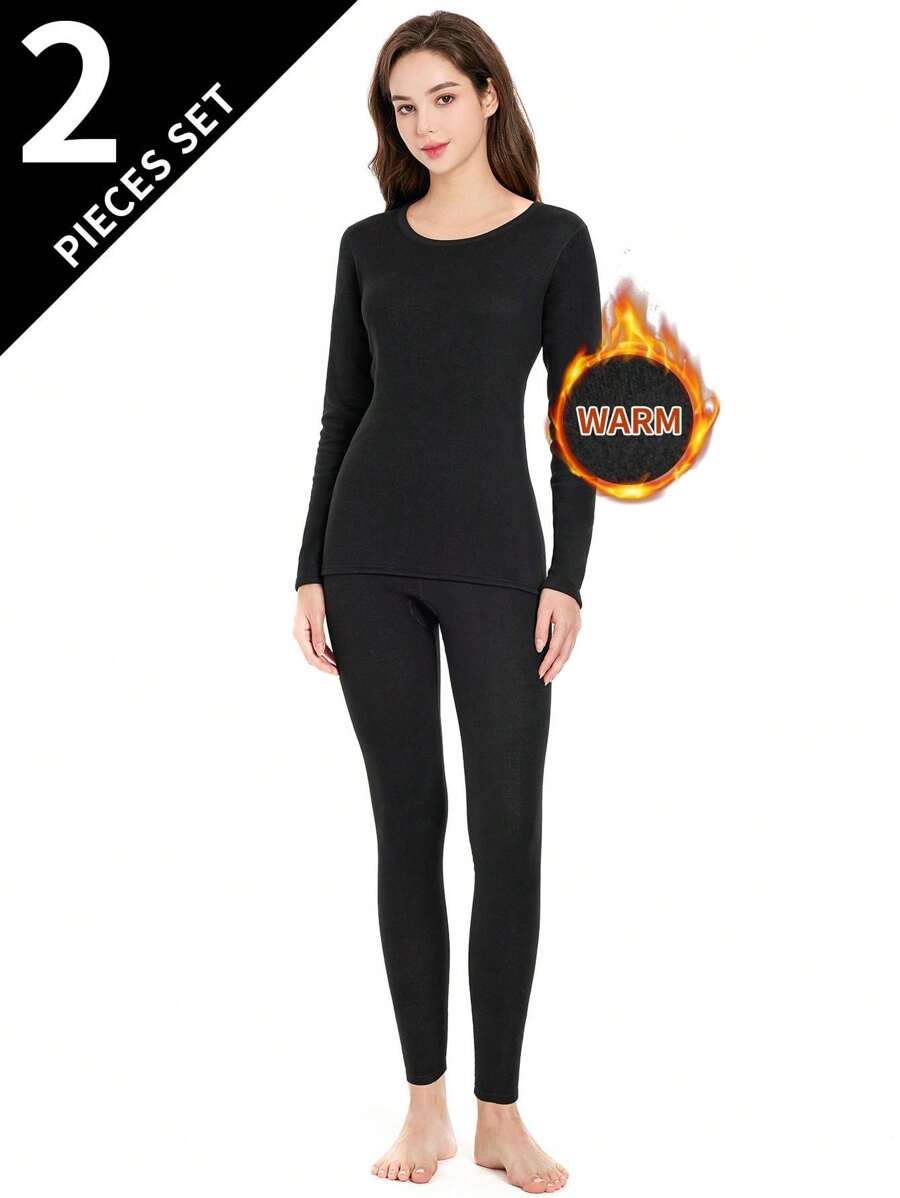 Conjunto de ropa interior térmica para mujer - Camiseta de cuello redondo + Pantalones, ajuste delgado de capa base para otoño e invierno