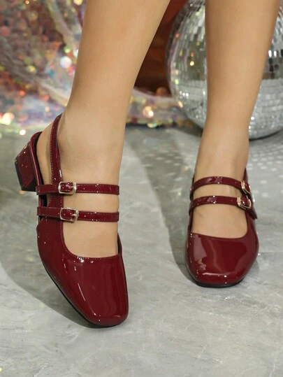Escarpins à talons hauts pour femmes à large coupe, sandales mode en cuir verni, sandales à bride arrière, sandales à lanières, sandales de travail, sandales style babies, sandales plates casual à bride arrière, talons bordeaux à large coupe