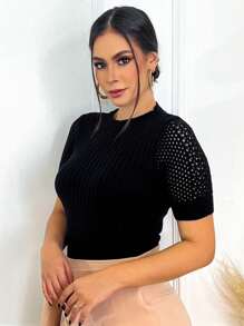 Women's Blouse Modal Knit Blouse Short Sleeve Lace Cropped Knit T-Shirt - Black - View 1