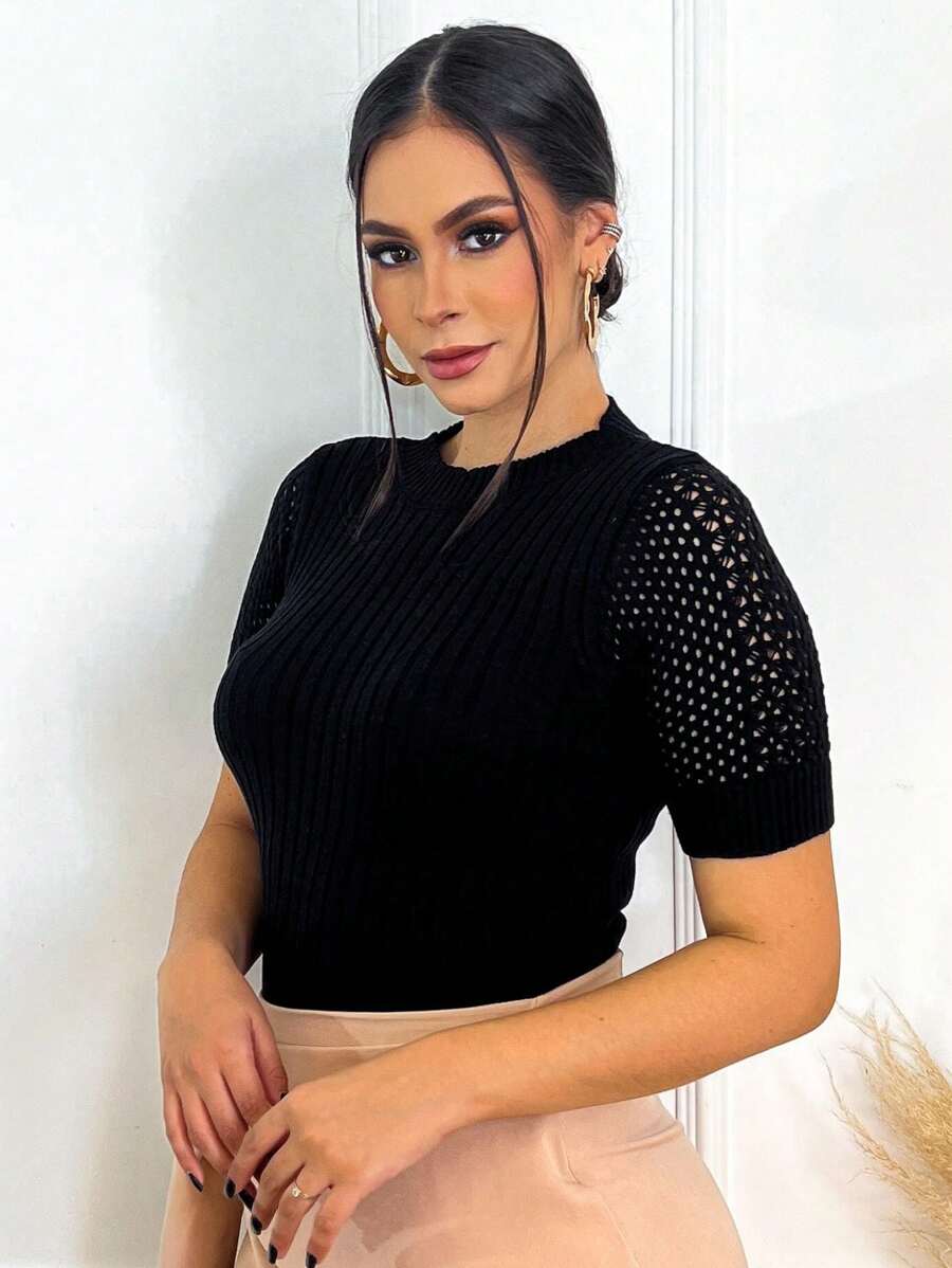 Women's Blouse Modal Knit Blouse Short Sleeve Lace Cropped Knit T-Shirt - Black - View 1