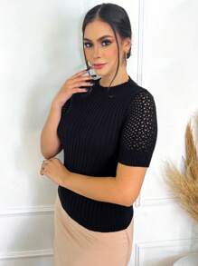 Women's Blouse Modal Knit Blouse Short Sleeve Lace Cropped Knit T-Shirt - Black - View 5