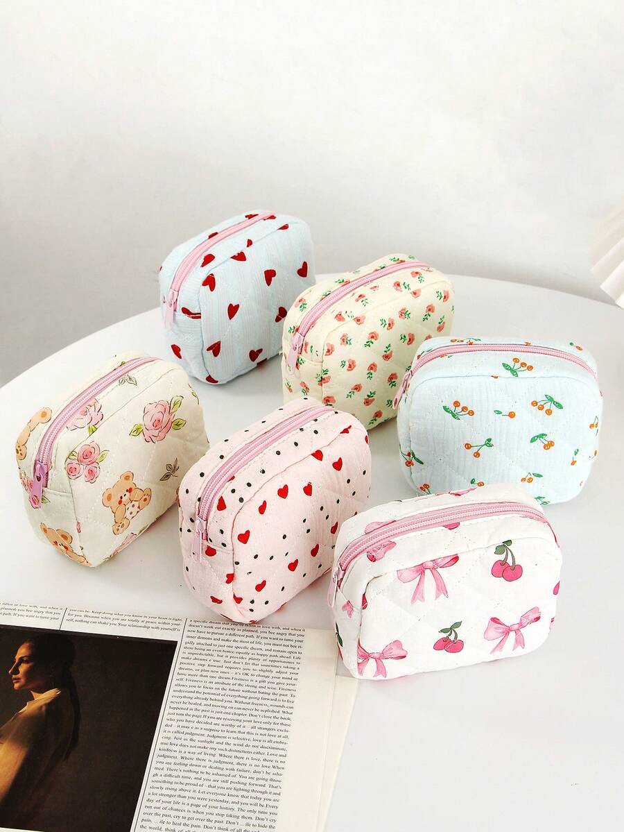 1Piece Quilted Sanitary Napkin Period Bag For Teen Girls, Sanitary Napkin Storage Bag, Cute Quilted Floral Sanitary Pad Bags Pounch, Portable Tampons Zipper Organizer Bag For School Girls Cute Cherry Pattern Mini Makeup Bag Lipstick Storage Bag Mini Makeup Bag For Purse Clutch Makeup Organizer Pouch For Women Preppy Small Cute Makeup Bag Coin Purse - Multicolor - View 1