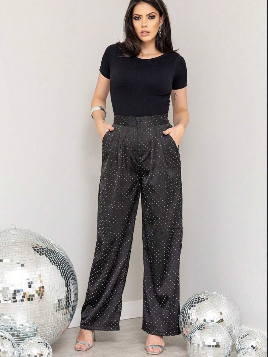 KALINA FASHION Women's Casual Wide Leg Loose Trousers With Rhinestone Embellishments - Black - View 1