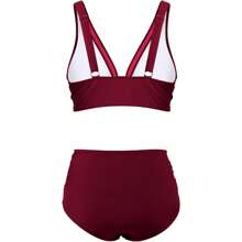 Local Delivery | Women's Bikini Sets Two Piece Swimsuit High-Waisted Ruched Bathing Suit With Tummy Control V Neck Mesh Swim Suits Swimwear - 紅色 - 查看 7