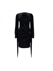 Abito mini con maniche lunghe, di colore unito, con paillettes e frange, elegante per feste e eventi serali, abito da cocktail semi formale per festa, compleanni, matrimoni, lauree, cene, homecoming