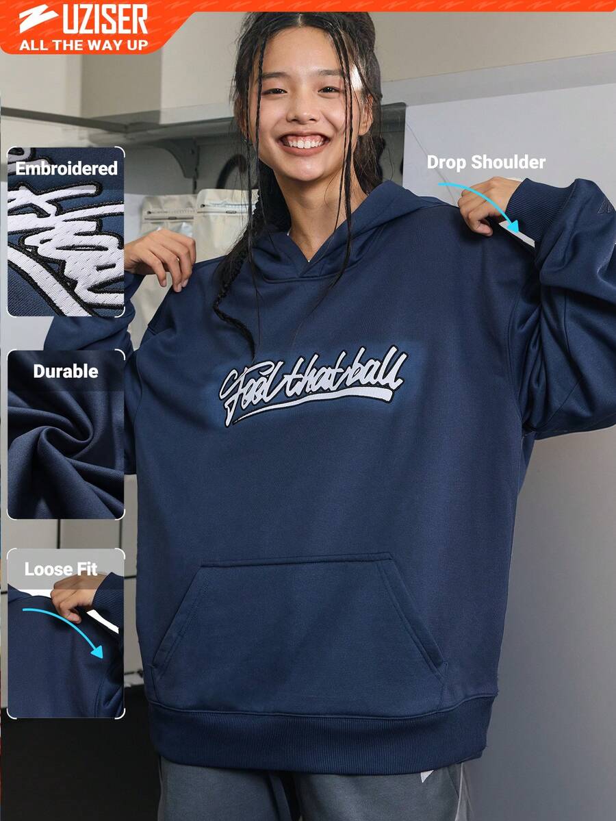 UZISER 街头运动休闲学院风必备秋季耐穿防风宽松女式纯色落肩刺绣字母图案套头卫衣