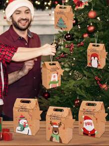 6/12/24pcs Merry Christmas Candy Gift Box With Tag, Kraft Paper Cookies Gift Packing Bags For Xmas Party New Year Home Decoration,Christmas