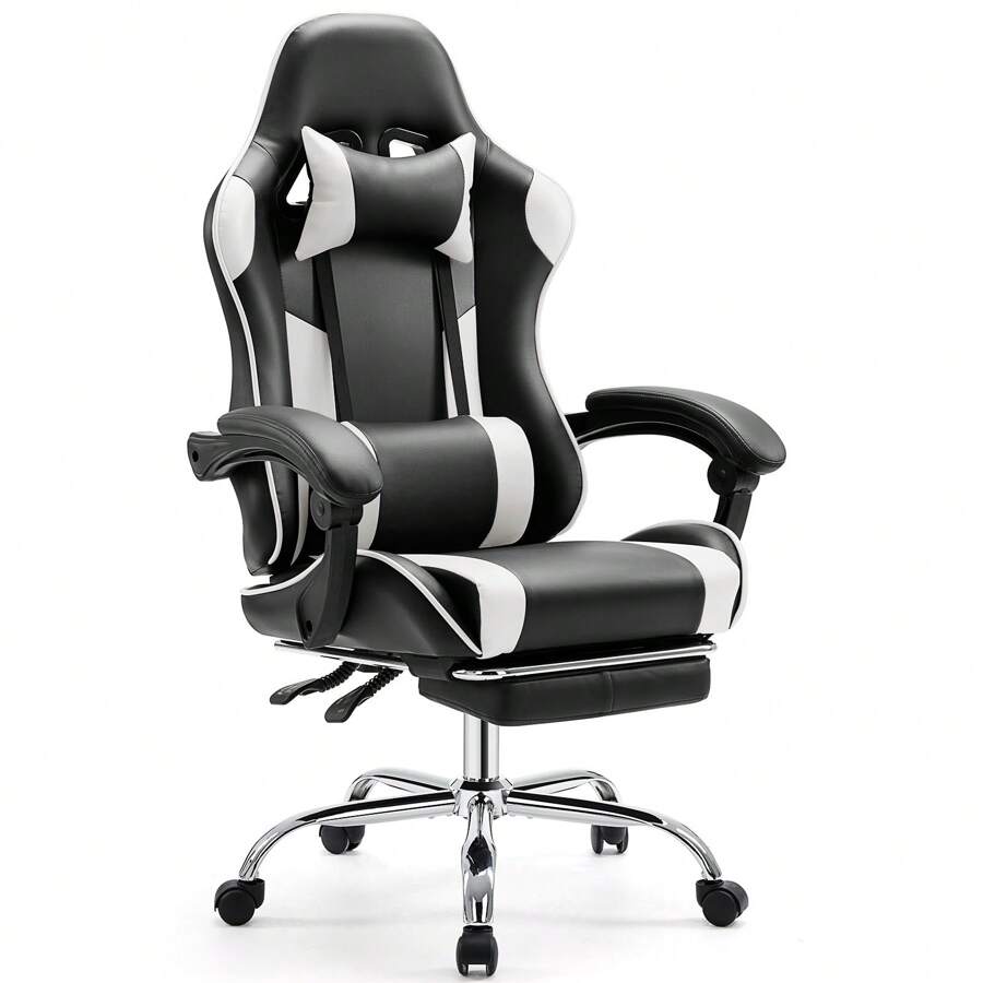Sweetcrispy Video Game Desk Chair - Ergonomic Computer With Footrest And Comfy Lumbar Support, PU Leather Recliner With Headrest, Fixed Up Armrest, Height Adjustable With 360° Swivel - White - View 1