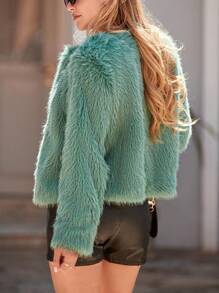 Women's Winter Coat Wool Short Jacket Faux Fur Long Sleeve Pocket Plush Warm Coat Autumn - 淺綠色 - 查看 5