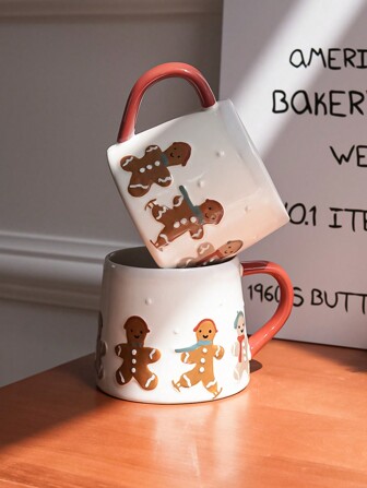 1pc 320ml Hand-Painted Gingerbread Man Ceramic Mug, Multiple Gingerbread & Skiing Patterns, Suitable For Christmas Family Gathering, Dinner, Water Cup, Coffee Cup, Breakfast Cup, Holiday Gift, Christmas Decoration