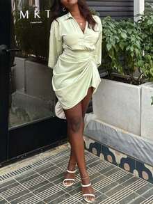 Solid Drop Shoulder Ruched Wrap Hem Shirt Dress