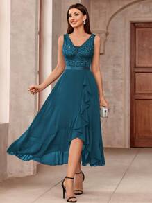 MIUSOL Đầm maxi dự tiệc trang trọng bằng chiffon, cổ chữ V sâu, đính ren và sequin, vạt trước ngắn vạt sau xếp ly, thích hợp cho khách dự đám cưới, lễ tốt nghiệp, dạ hội. - Màu xanh bụi bặm - Xem 4