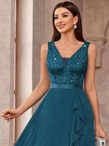 MIUSOL Đầm maxi dự tiệc trang trọng bằng chiffon, cổ chữ V sâu, đính ren và sequin, vạt trước ngắn vạt sau xếp ly, thích hợp cho khách dự đám cưới, lễ tốt nghiệp, dạ hội. - Màu xanh bụi bặm - Xem 8