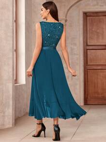 MIUSOL Đầm maxi dự tiệc trang trọng bằng chiffon, cổ chữ V sâu, đính ren và sequin, vạt trước ngắn vạt sau xếp ly, thích hợp cho khách dự đám cưới, lễ tốt nghiệp, dạ hội. - Màu xanh bụi bặm - Xem 3