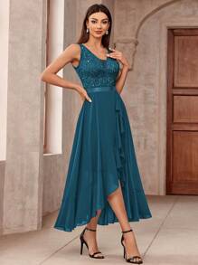 MIUSOL Đầm maxi dự tiệc trang trọng bằng chiffon, cổ chữ V sâu, đính ren và sequin, vạt trước ngắn vạt sau xếp ly, thích hợp cho khách dự đám cưới, lễ tốt nghiệp, dạ hội. - Màu xanh bụi bặm - Xem 6