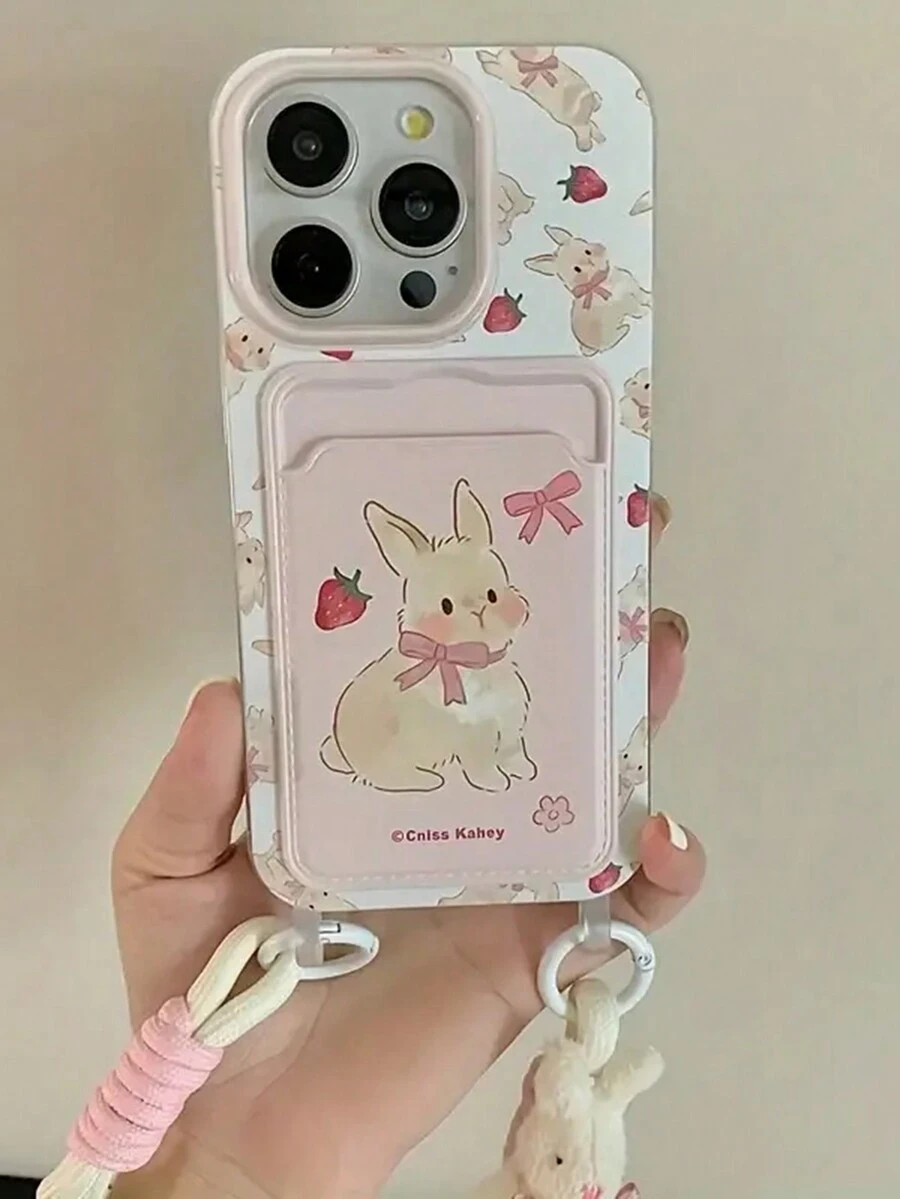 可爱兔子草莓兔子手环卡包手机壳兼容Iphone 15 14 Pro Max 13 12 11腕链带卡包防震后盖 - 粉色 - 查看 1