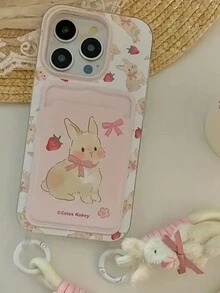 可爱兔子草莓兔子手环卡包手机壳兼容Iphone 15 14 Pro Max 13 12 11腕链带卡包防震后盖 - 粉色 - 查看 5