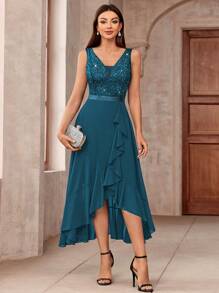 MIUSOL Đầm maxi dự tiệc trang trọng bằng chiffon, cổ chữ V sâu, đính ren và sequin, vạt trước ngắn vạt sau xếp ly, thích hợp cho khách dự đám cưới, lễ tốt nghiệp, dạ hội. - Màu xanh bụi bặm - Xem 2